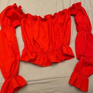 Red ruffle trim off shoulder top